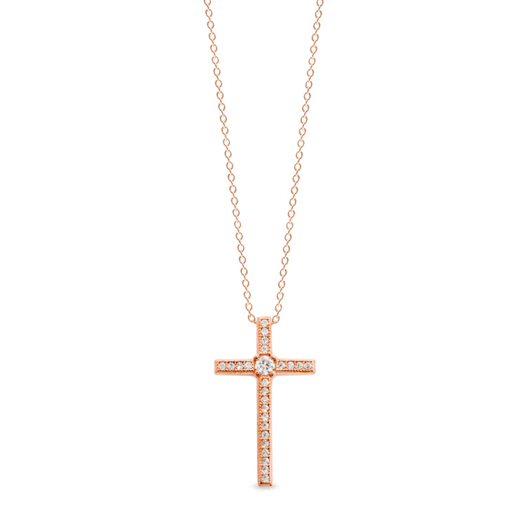 Rose gold finish sterling silver micropave thin cross pendant with 65 simulated diamonds on 18 cable chain