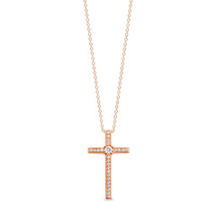 Rose gold finish sterling silver micropave thin cross pendant with 65 simulated diamonds on 18 cable chain