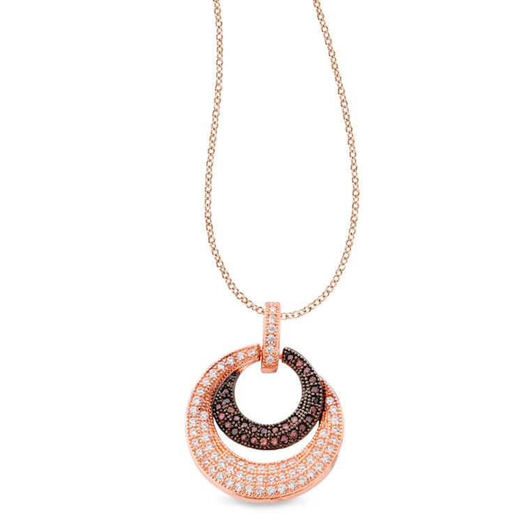 Rose gold & black rhodium finish sterling silver micropave pendant with brown & white simulated diamonds on 18 cable chain