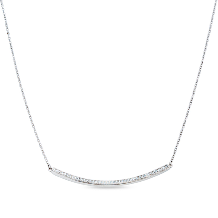 Platinum finish sterling silver micropave curved bar necklace with 41 simulated diamonds on 16 - 18 adjustable cable chain
