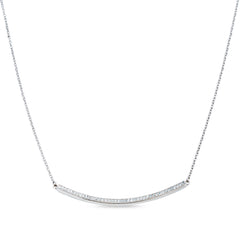 Platinum finish sterling silver micropave curved bar necklace with 41 simulated diamonds on 16 - 18 adjustable cable chain