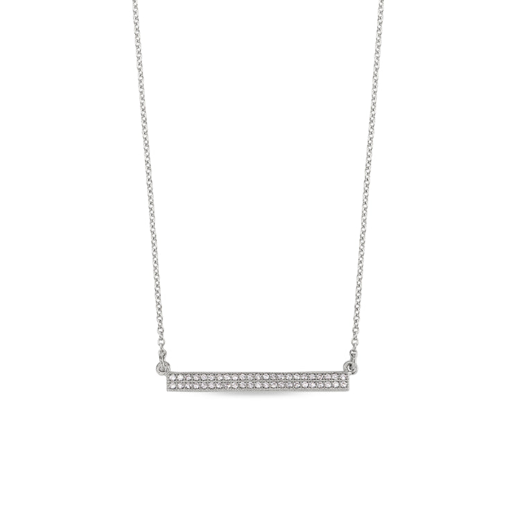 Platinum finish sterling silver micropave two row bar necklace with 46 simulated diamonds 16 - 18 adjustable cable chain