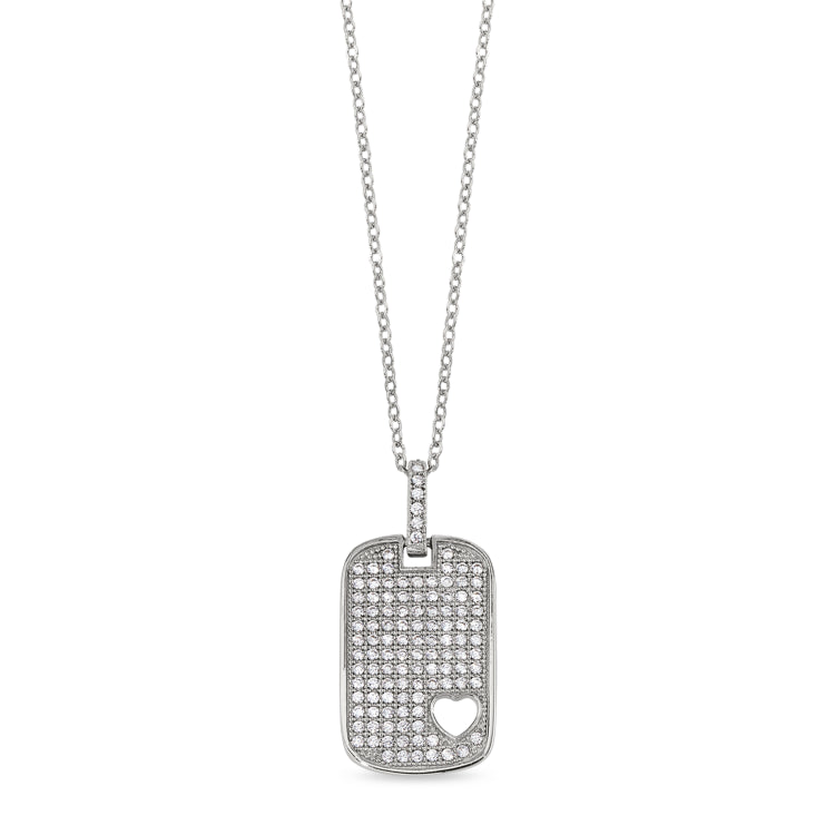 Platinum finish sterling micropave dog tag pendant with cut out heart and simulated diamonds on 16 to 18 adjustable cable ch