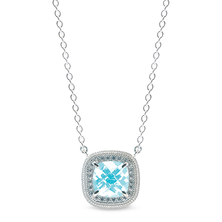 Platinum finish sterling micropave necklace with simulated aquamarine and simulated diamonds on 16 to 18 adjustable cable ch