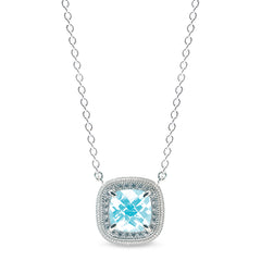Platinum finish sterling micropave necklace with simulated aquamarine and simulated diamonds on 16 to 18 adjustable cable ch