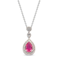 Platinum finish sterling micropave tear drop pendant with simulated ruby and simulated diamonds on 16 to 18 adjustable chain