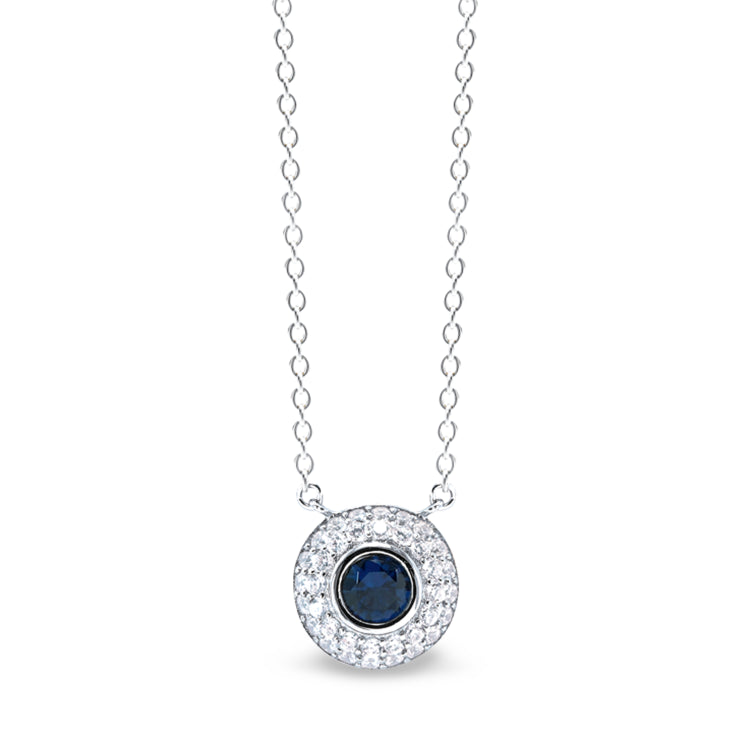 Platinum finish sterling silver micropave necklace with synthetic blue sapphire and simulated diamonds on 18 cable chain