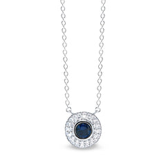 Platinum finish sterling silver micropave necklace with synthetic blue sapphire and simulated diamonds on 18 cable chain