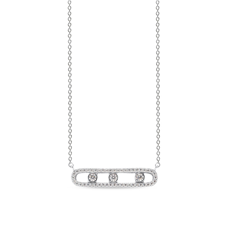 Platinum finish sterling micropave rectangular floating stones necklace simulated diamonds on 16 to 18 adjustable cable chai