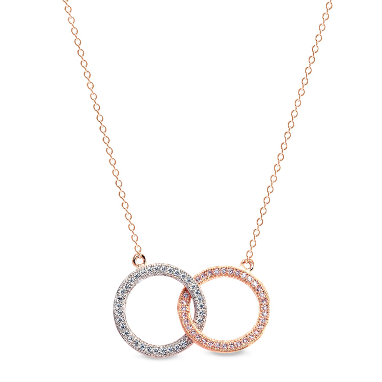 Rose gold and gold vermeil finish sterling micropave intertwined circles necklace with 16 to 18 adjustable cable chain