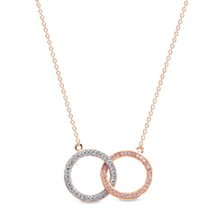Rose gold and gold vermeil finish sterling micropave intertwined circles necklace with 16 to 18 adjustable cable chain