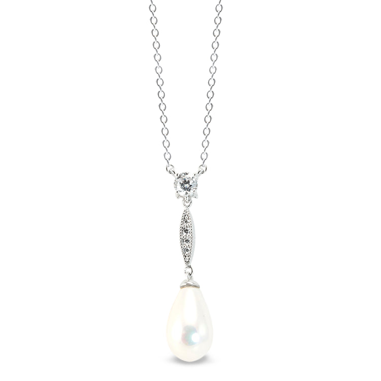 Platinum finish sterling silver micropave pearl drop necklace with simulated daimonds on 16 - 18 adjustable cable chain