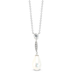 Platinum finish sterling silver micropave pearl drop necklace with simulated daimonds on 16 - 18 adjustable cable chain