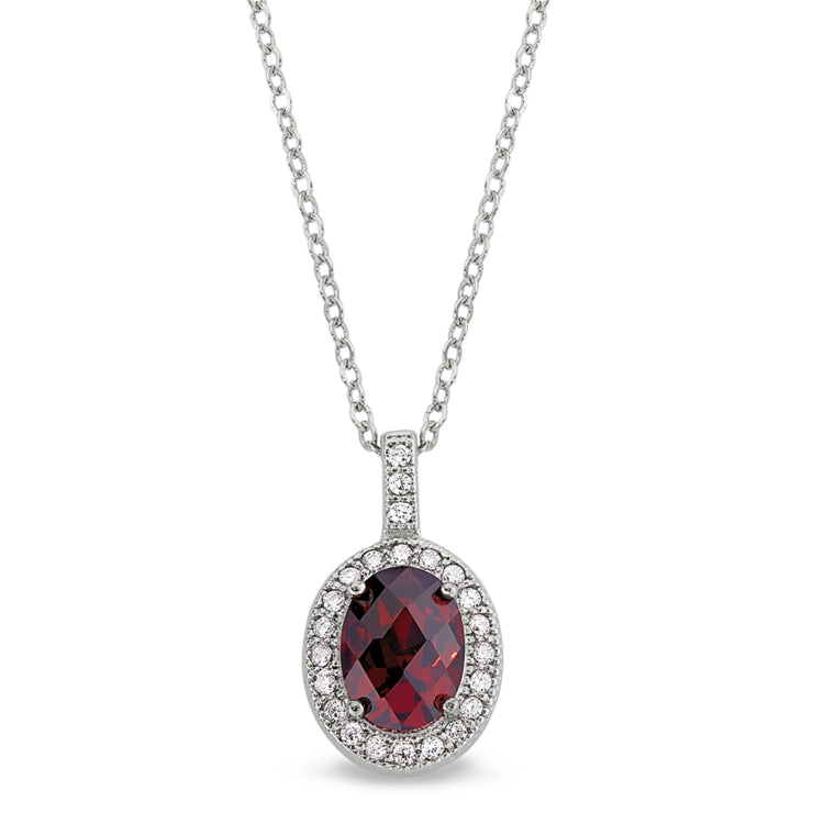 Platinum finish sterling silver micropave facet cut garnet colored pendant with simulated diamonds on 18 cable chain