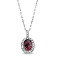 Platinum finish sterling silver micropave facet cut garnet colored pendant with simulated diamonds on 18 cable chain