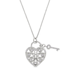 Platinum finish sterling silver micropave key to my heart pendant with simulated diamonds on 16 - 18 adjustable chain