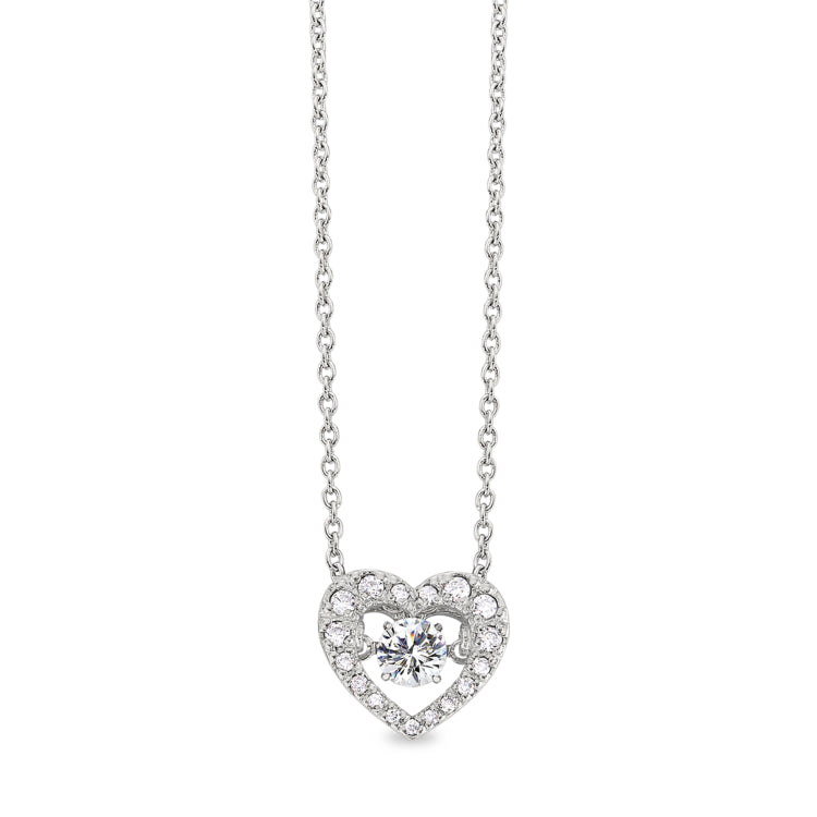 Platinum finish sterling silver micropave dancing stone heart necklace with simulated diamonds on cable chain