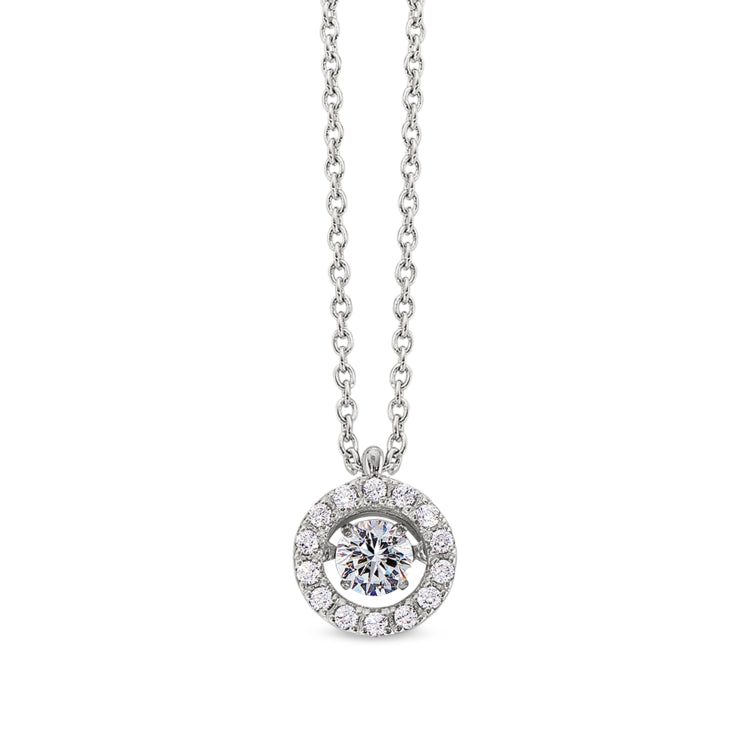 Platinum finish sterling silver micropave dancing stone round pendant with simulated diamonds on 16 - 18 adjustable cable ch