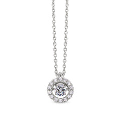 Platinum finish sterling silver micropave dancing stone round pendant with simulated diamonds on 16 - 18 adjustable cable ch