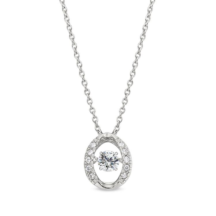 Platinum finish sterling silver micropave dancing stone oval pendant with simulated diamonds on 16 - 18 adjustable cable cha