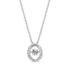 Platinum finish sterling silver micropave dancing stone oval pendant with simulated diamonds on 16 - 18 adjustable cable cha
