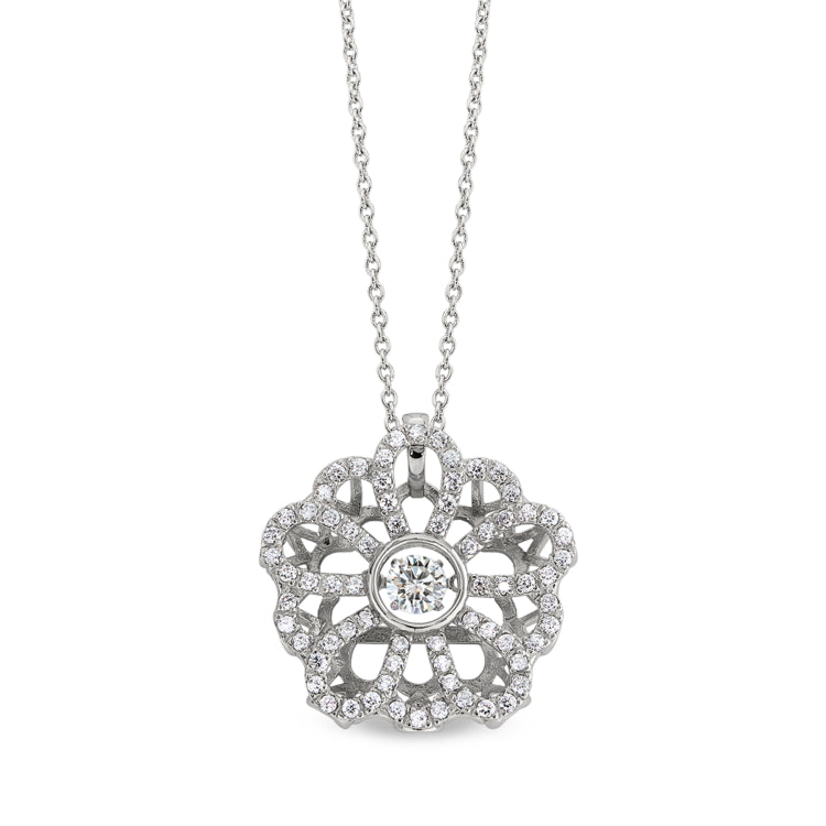 Platinum finish sterling silver micropave dancing stone flower pendant with simulated diamonds on 16 - 18 adjustable cable 