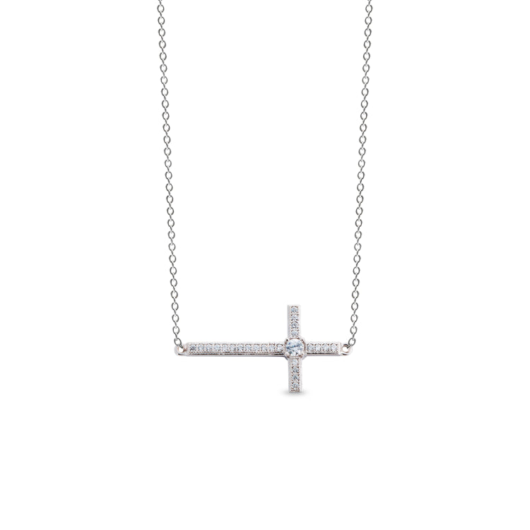 Platinum finish sterling silver micropave sideways cross necklace with simulated diamonds on 18 cable chain