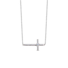 Platinum finish sterling silver micropave sideways cross necklace with simulated diamonds on 18 cable chain