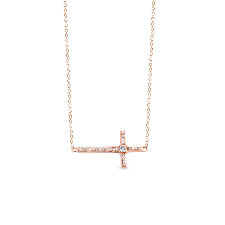 Rose gold finish sterling silver micropave sideways cross necklace with simulated diamonds on 18 cable chain