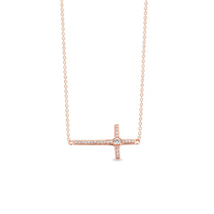 Rose gold finish sterling silver micropave sideways cross necklace with simulated diamonds on 18 cable chain