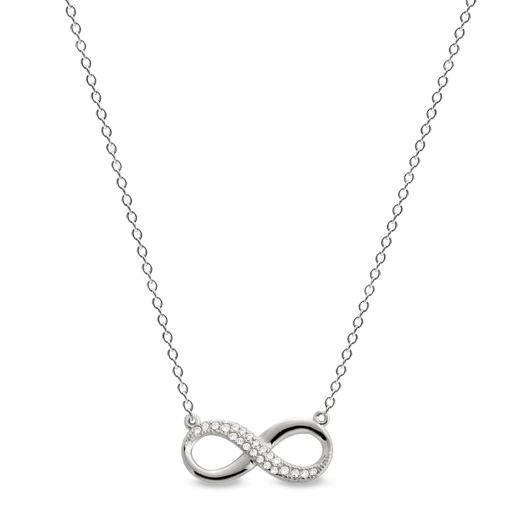 Platinum finish sterling silver micropave infinity necklace with simulated diamonds on 16 to 18 adjustable cable chain