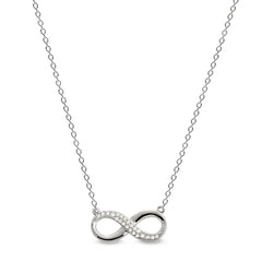 Platinum finish sterling silver micropave infinity necklace with simulated diamonds on 16 to 18 adjustable cable chain