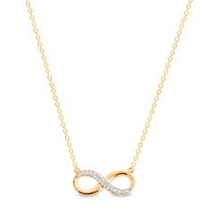 Gold finish sterling silver micropave infinity necklace with simulated diamonds on 16 to 18 adjustable cable chain
