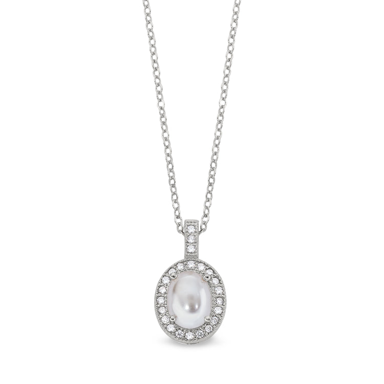 Platinum finish sterling silver micropave cabochon cut pearl pendant with simulated diamonds on 18 cable chain