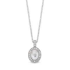 Platinum finish sterling silver micropave cabochon cut pearl pendant with simulated diamonds on 18 cable chain