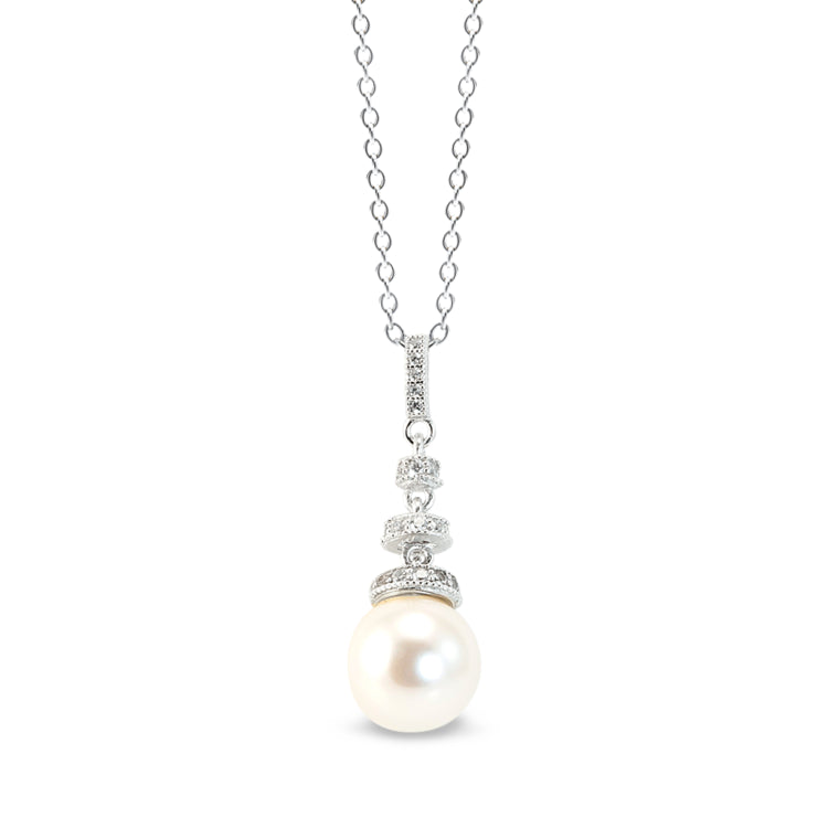 Platinum finish sterling silver micropave round pearl drop pendant with simulated diamonds on 18 cable chain