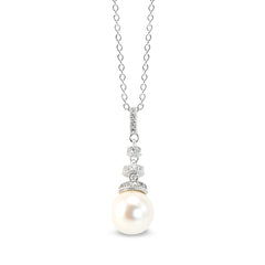 Platinum finish sterling silver micropave round pearl drop pendant with simulated diamonds on 18 cable chain