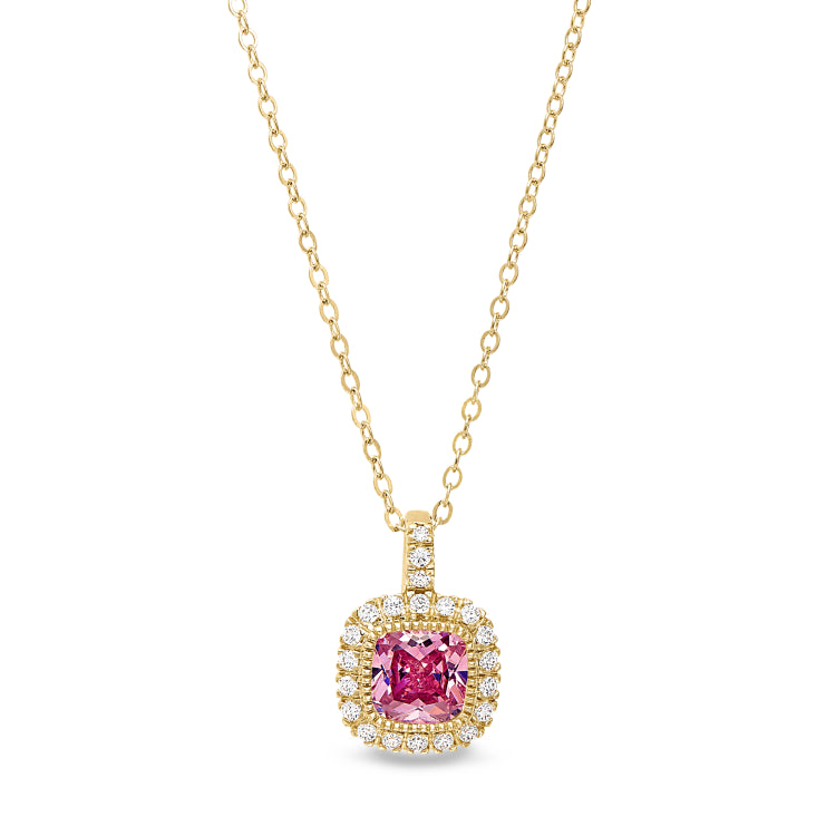 Gold finish sterling silver micropave simulated pink sapphire pendant with simulated diamonds on 18 cable chain