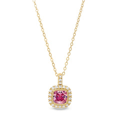 Gold finish sterling silver micropave simulated pink sapphire pendant with simulated diamonds on 18 cable chain