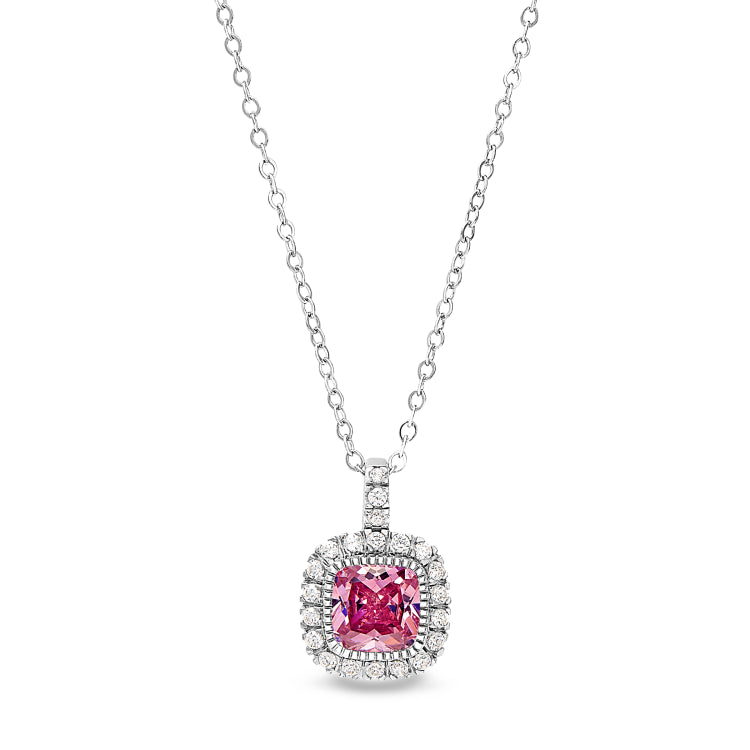 Platinum finish sterling silver micropave simulated pink sapphire pendant with simulated diamonds on 18 cable chain