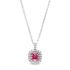 Platinum finish sterling silver micropave simulated pink sapphire pendant with simulated diamonds on 18 cable chain