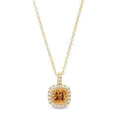 Gold finish sterling silver micropave simulated citrine pendant with simulated diamonds on 18 cable chain