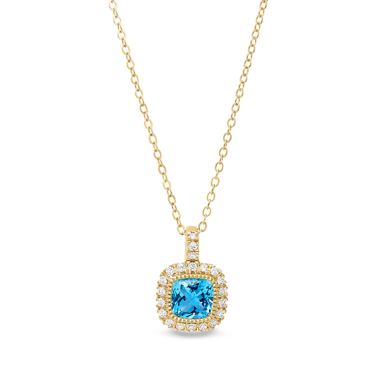 Gold finish sterling silver micropave simulated blue zircon pendant with simulated diamonds on 18 cable chain