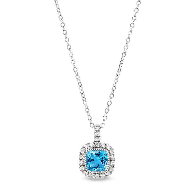 Platinum finish sterling silver micropave simulated blue zircon pendant with simulated diamonds on 18 cable chain