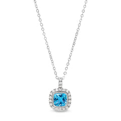 Platinum finish sterling silver micropave simulated blue zircon pendant with simulated diamonds on 18 cable chain