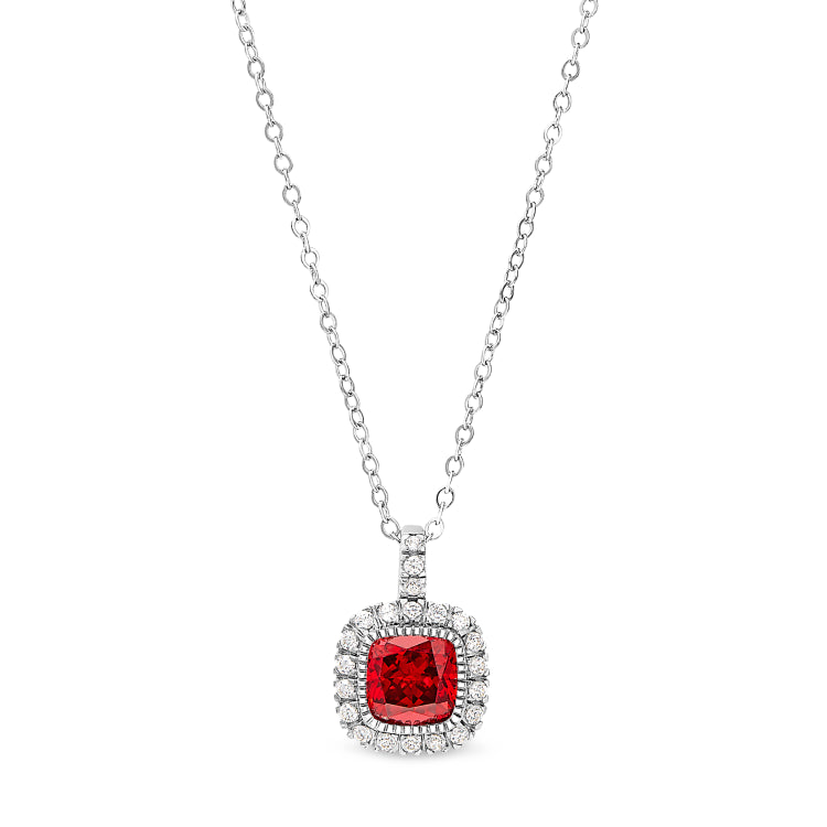 Platinum finish sterling silver micropave simulated garnet pendant with simulated diamonds on 18 cable chain