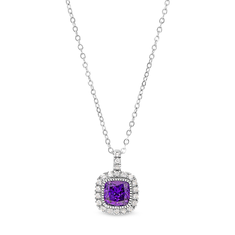 Platinum finish sterling silver micropave simulated amethyst pendant with simulated diamonds on 18 cable chain