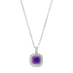 Platinum finish sterling silver micropave simulated amethyst pendant with simulated diamonds on 18 cable chain