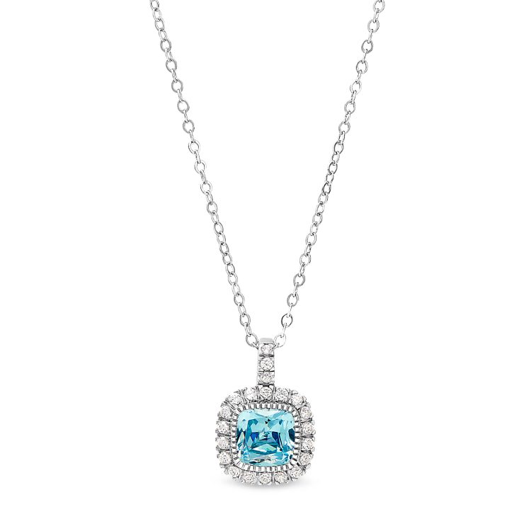 Platinum finish sterling silver micropave simulated aqua marine pendant with simulated diamonds on 18 cable chain