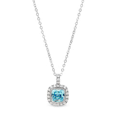 Platinum finish sterling silver micropave simulated aqua marine pendant with simulated diamonds on 18 cable chain